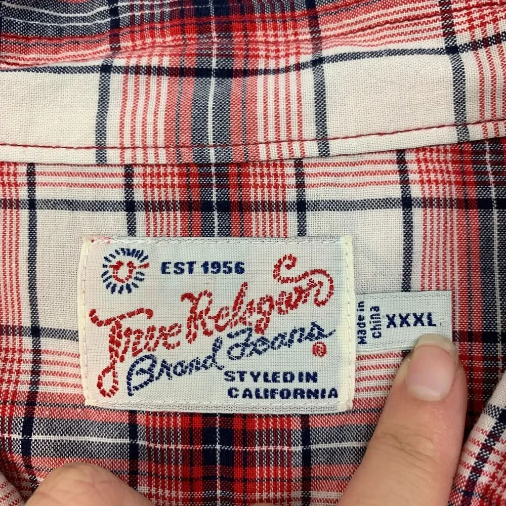 True Religion Western Shirt Mens 3XL XXXL Red Navy Plaid Pocket Snap Button Up